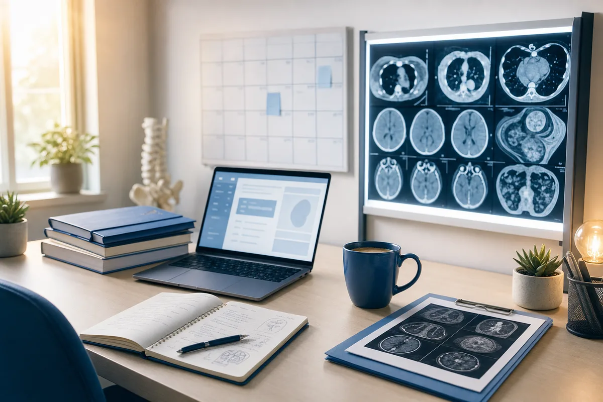 A tidy desk with a wall planner, radiology films on a lightbox and a laptop showing question practice