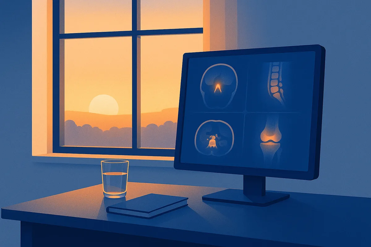 A calm radiology trainee sitting at a computer workstation in soft morning light, ready for an exam