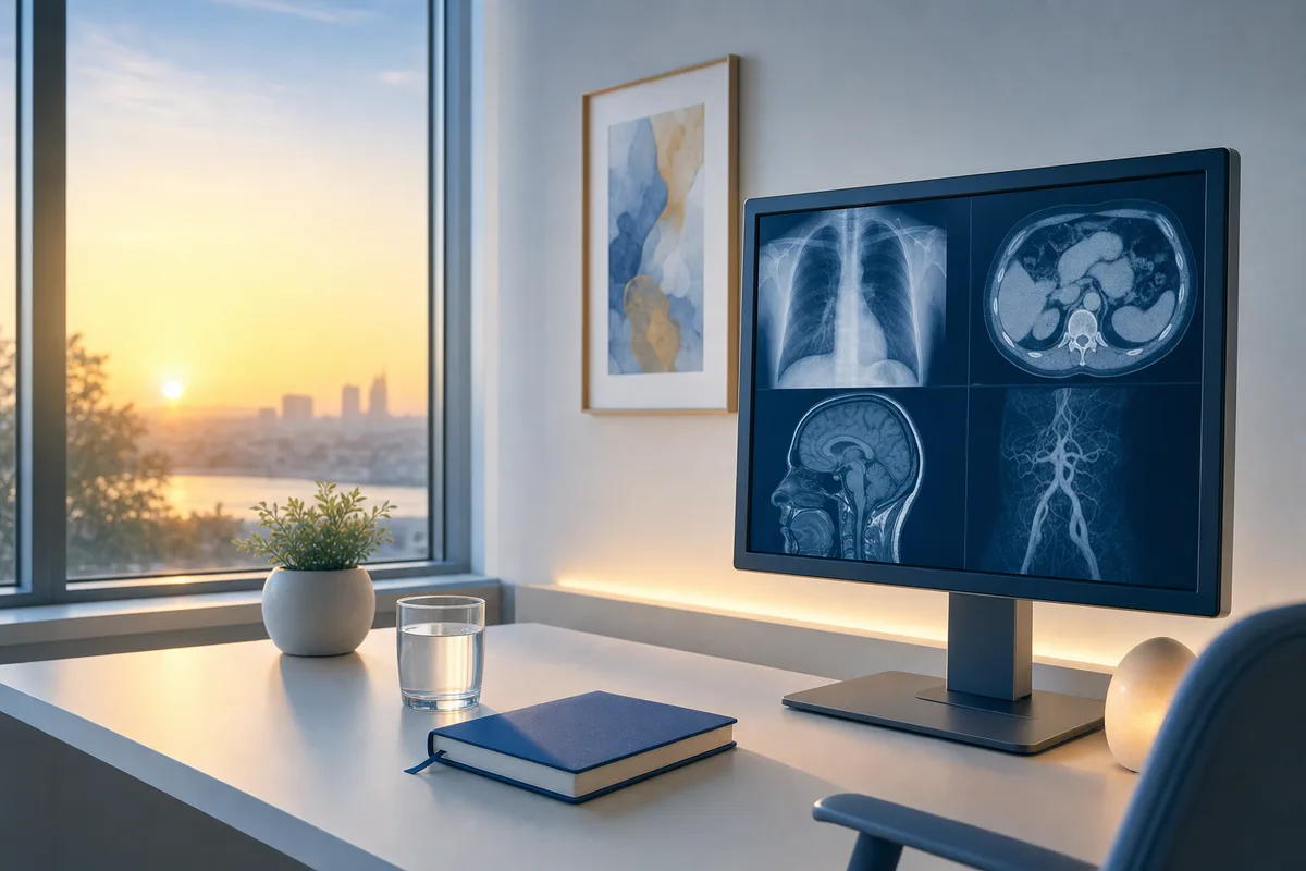 A calm radiology trainee sitting at a computer workstation in soft morning light, ready for an exam