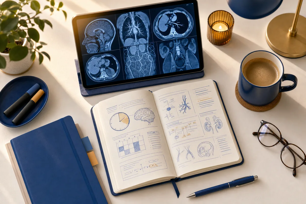 A calm study desk with a calendar, coffee and a tablet showing radiology images at dawn