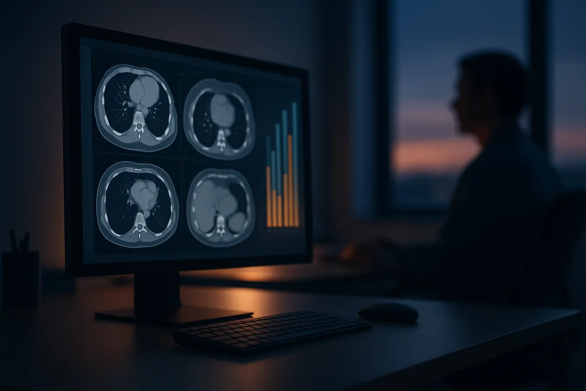 A calm radiology reading room with a glowing monitor showing greyscale scans and a soft progress chart