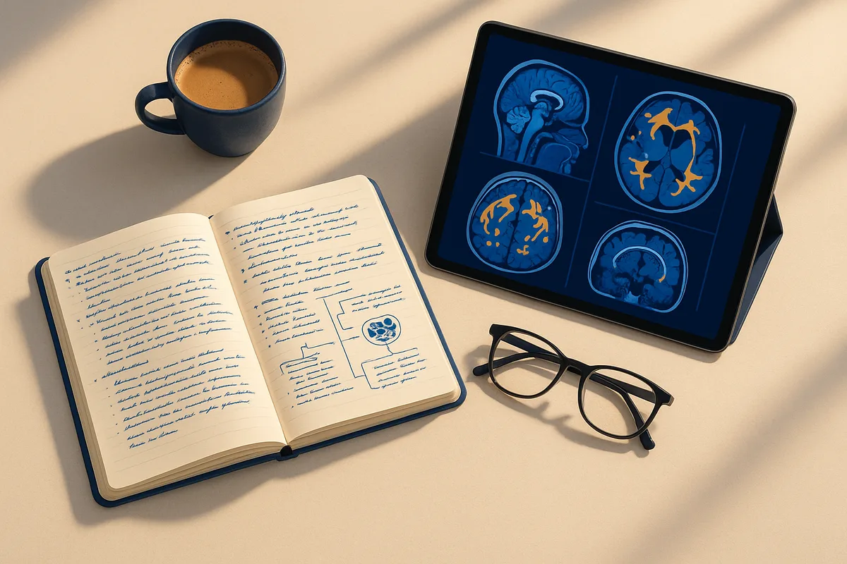 A calm modern study desk with a tablet showing radiology images and a coffee, soft morning light