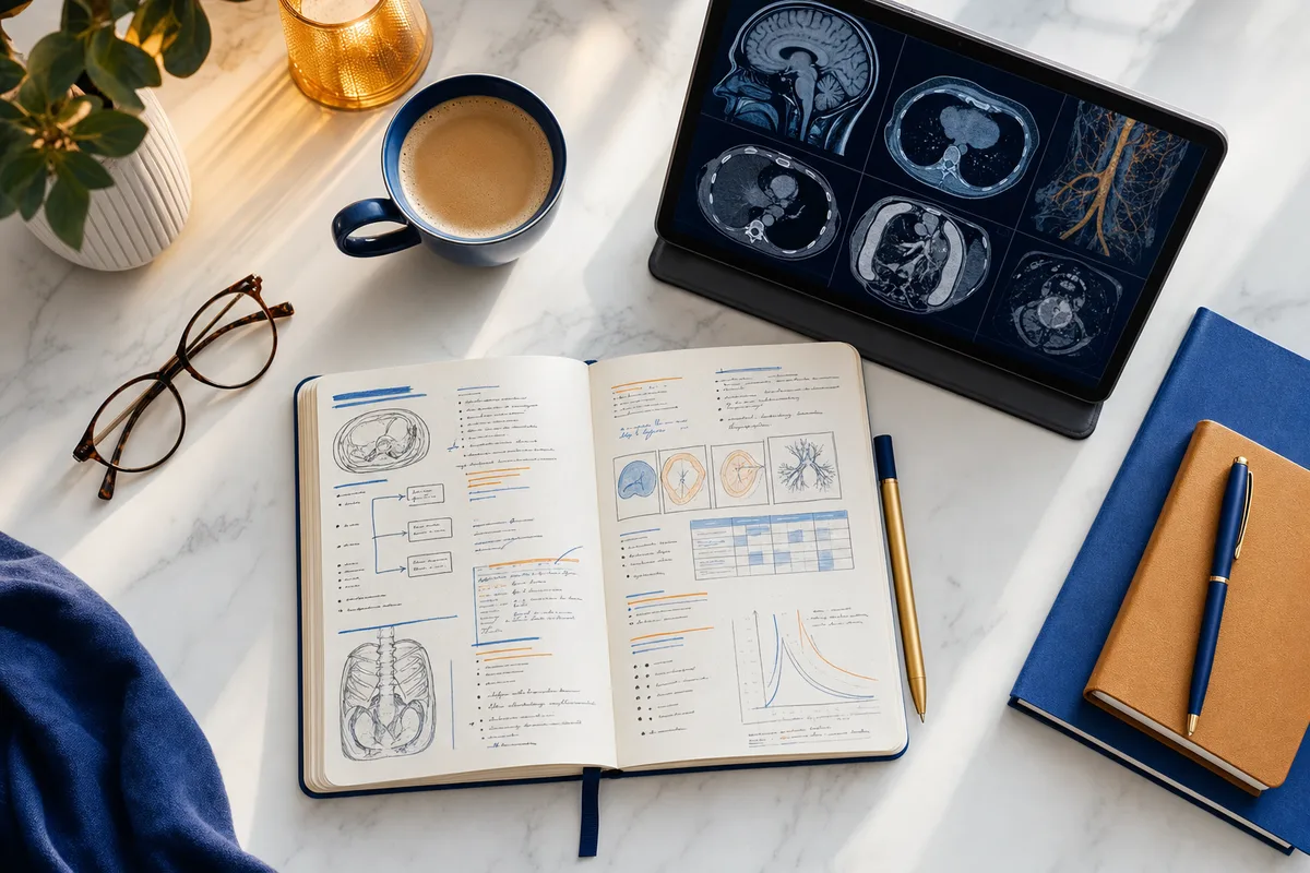 A calm modern study desk with a tablet showing radiology images and a coffee, soft morning light