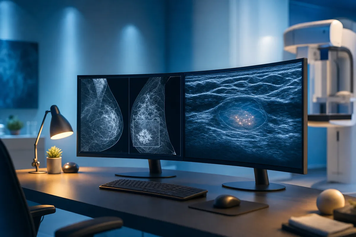 Stylised mammography and breast ultrasound imagery on a radiology reading workstation
