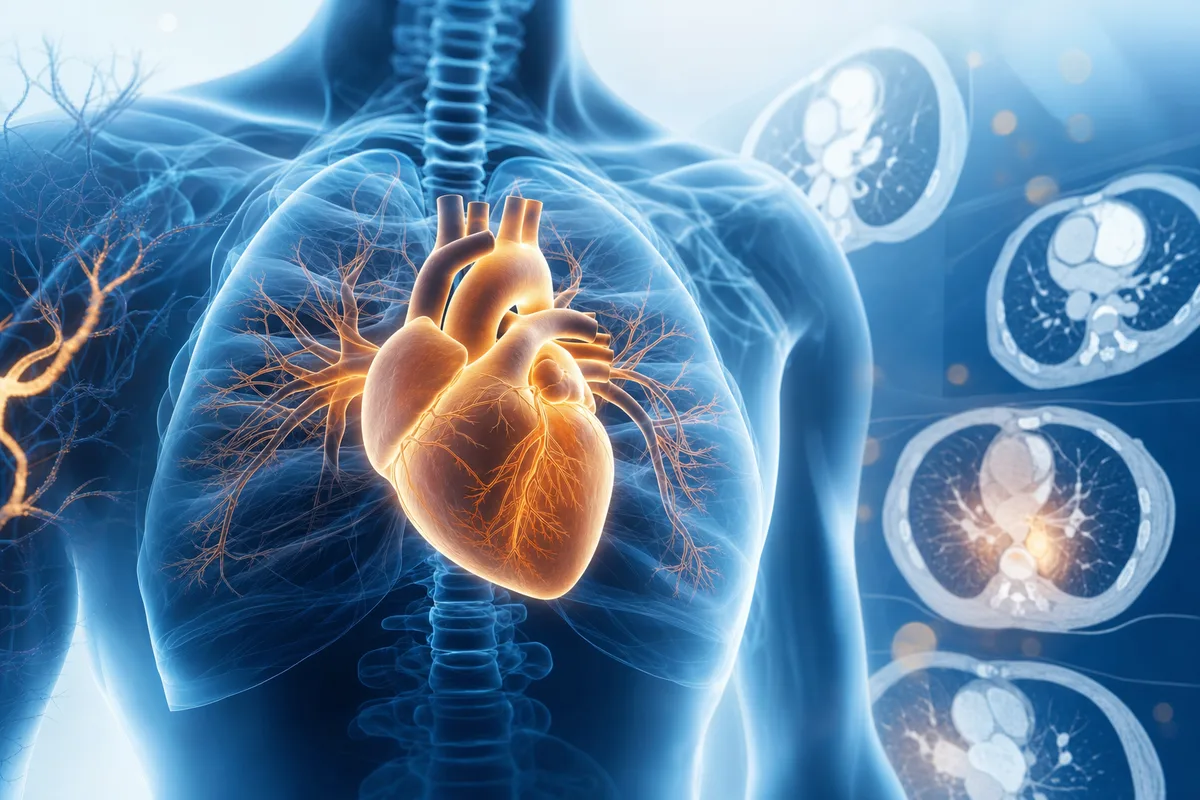 Stylised chest CT and cardiac imaging visuals blended together in a calm blue and teal palette