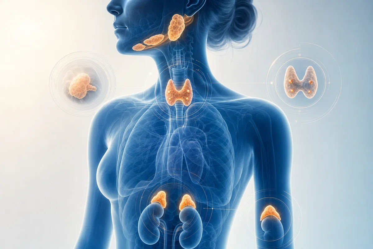 Stylised medical illustration of thyroid, adrenal and salivary glands with abstract imaging scan elements