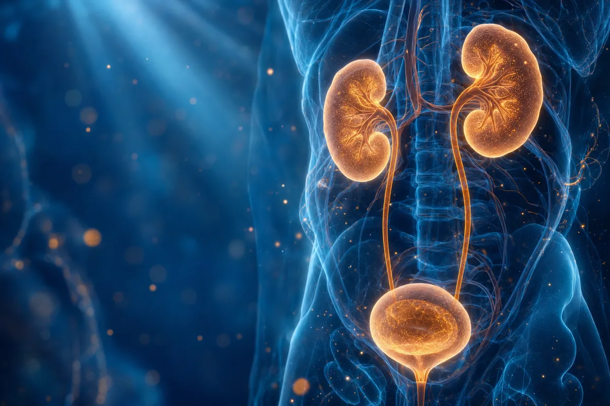 Stylised coronal cross-section of the kidneys and urinary tract rendered in glowing blue and amber tones