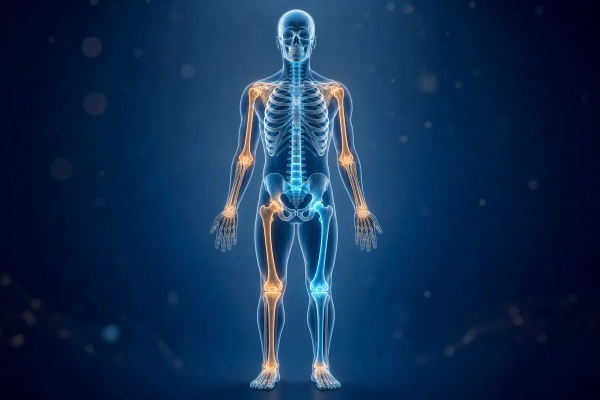Stylised illustration of a human skeleton with glowing highlighted joints and bones on a dark blue clinical background