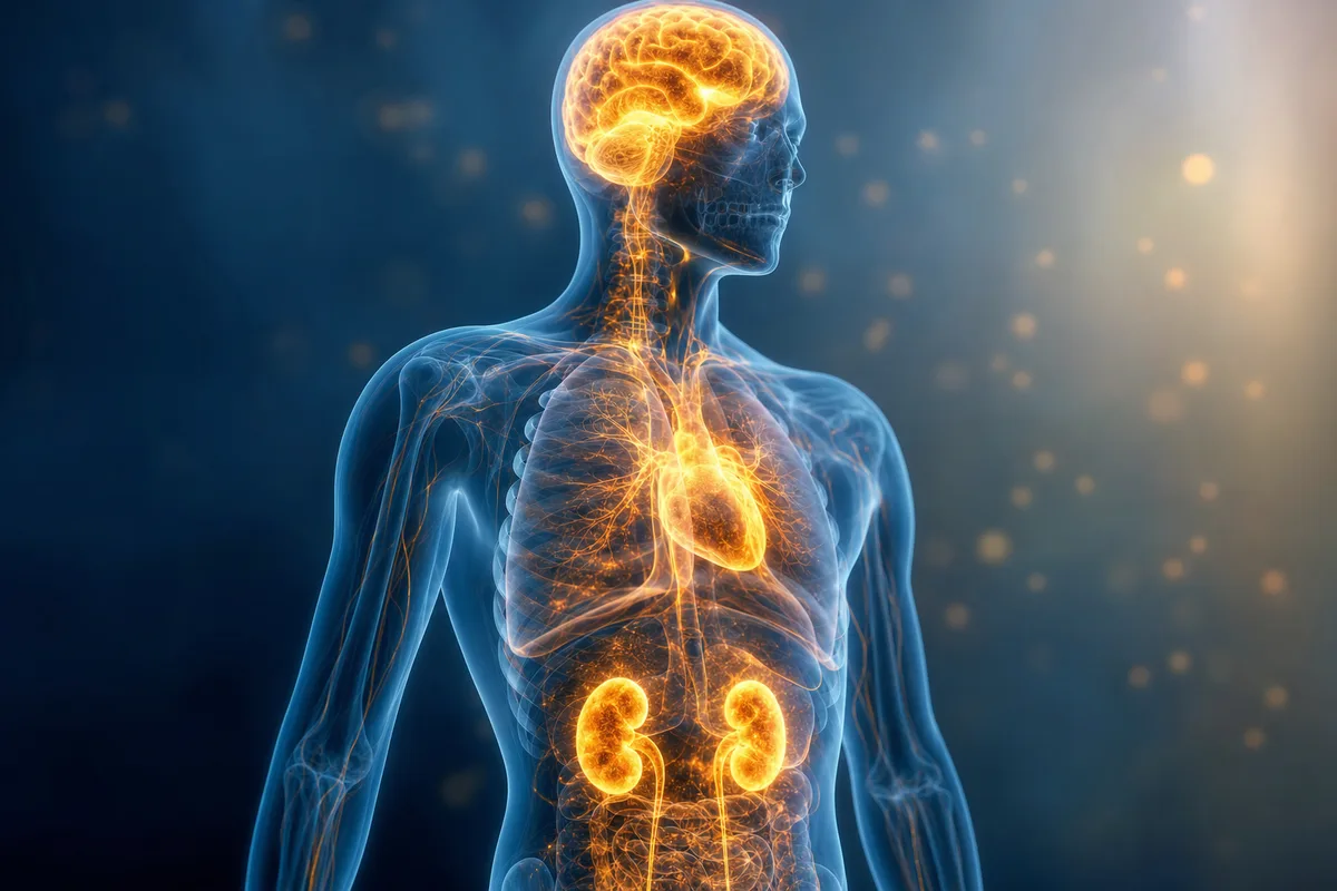 Stylised whole-body PET scan glowing against a dark clinical background