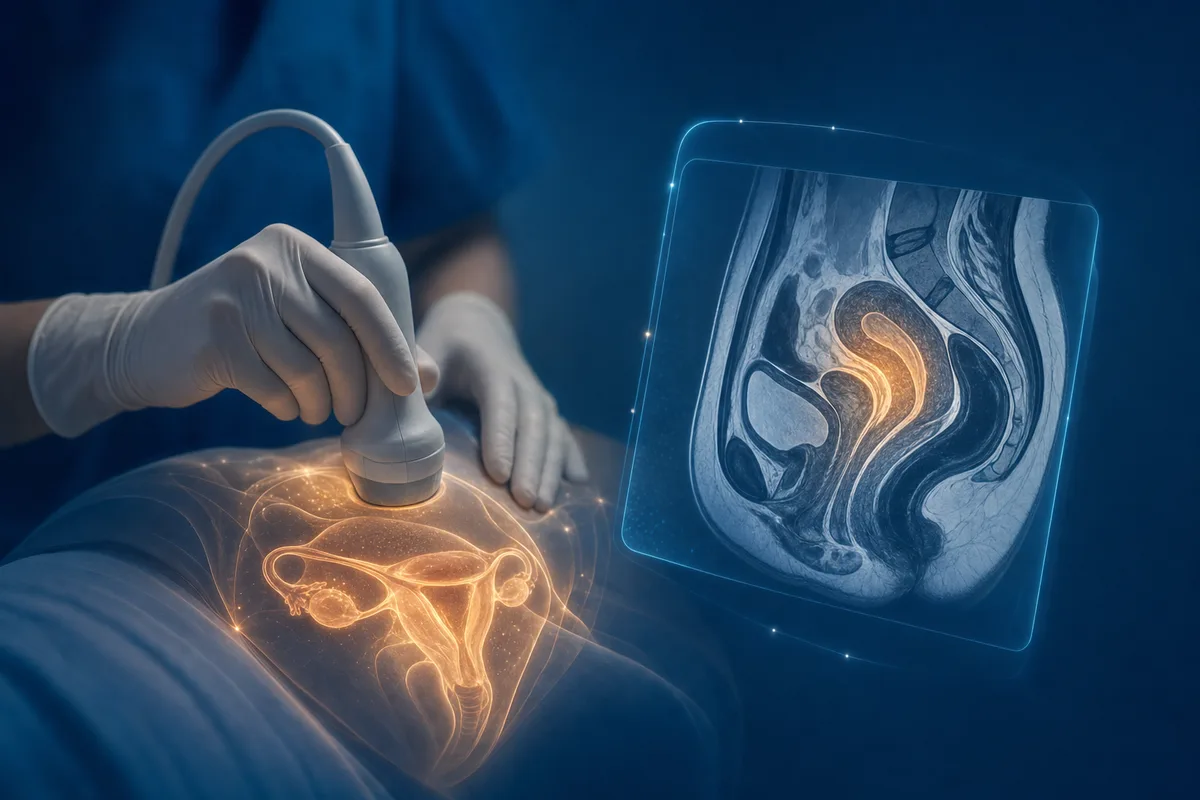 Stylised pelvic ultrasound and MRI imagery arranged in a clean modern composition