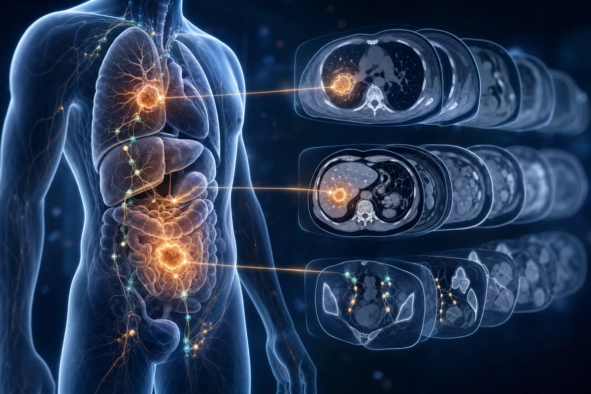 Abstract radiology-themed illustration of layered CT and MRI cancer staging scans with glowing anatomical regions