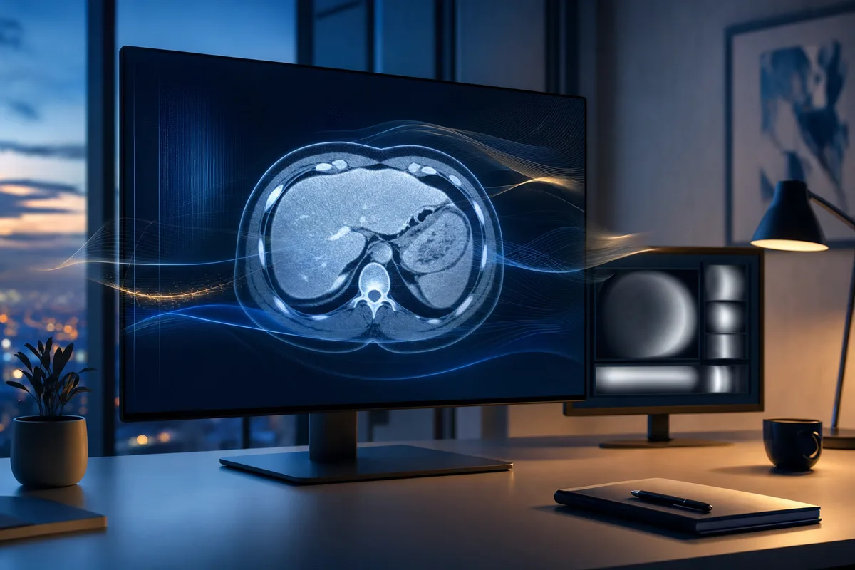 Abstract visualisation of medical imaging artefacts and clean scan slices in cool blue tones