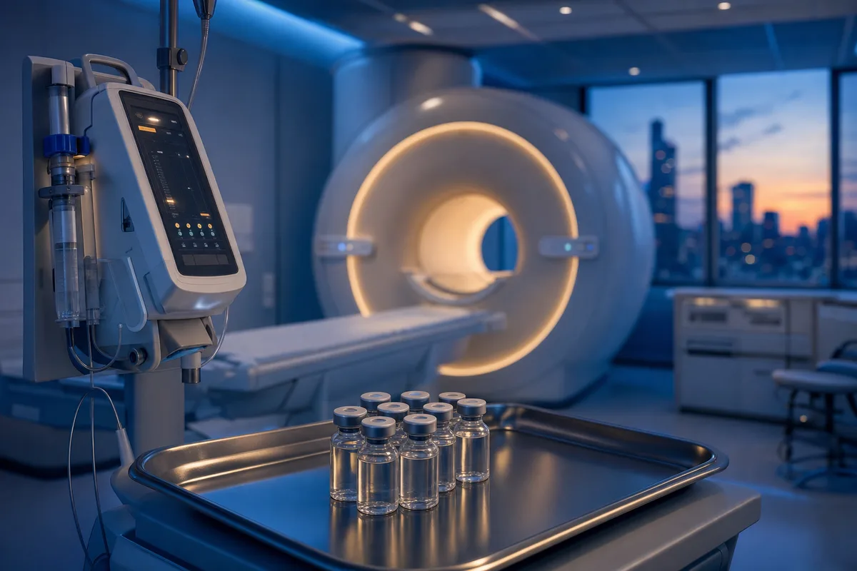 A calm, modern radiology reading room with a contrast injector and MRI safety signage softly lit in blue tones