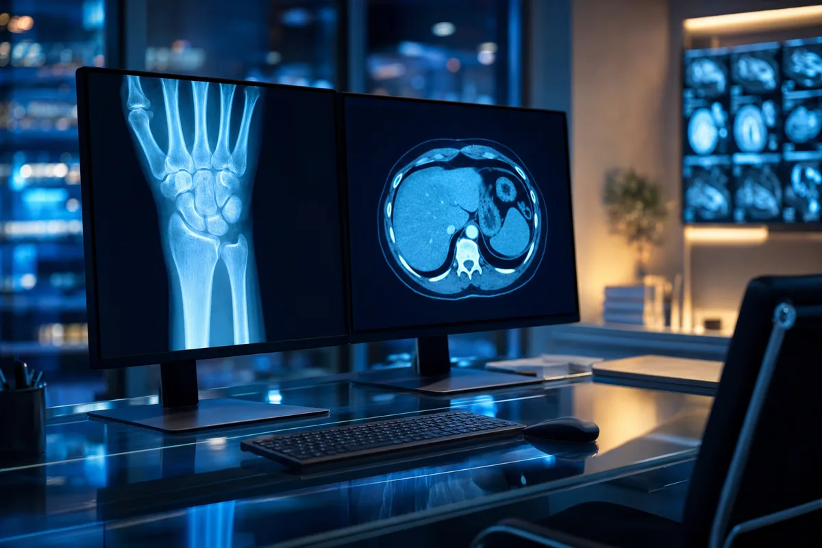 Stylised trauma CT and X-ray images glowing on a dark radiology reading room display