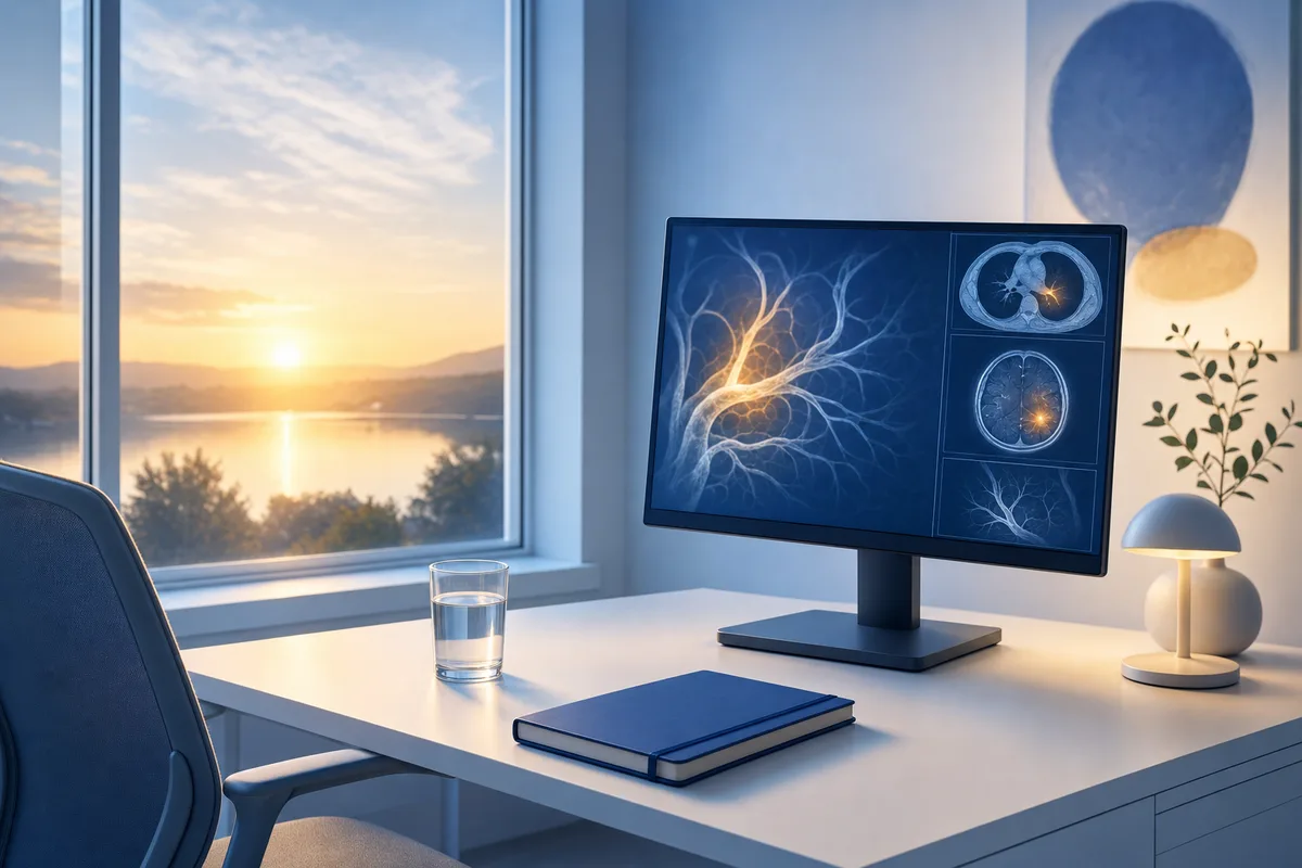 A radiology trainee studying scan images on a workstation with a calm, focused atmosphere
