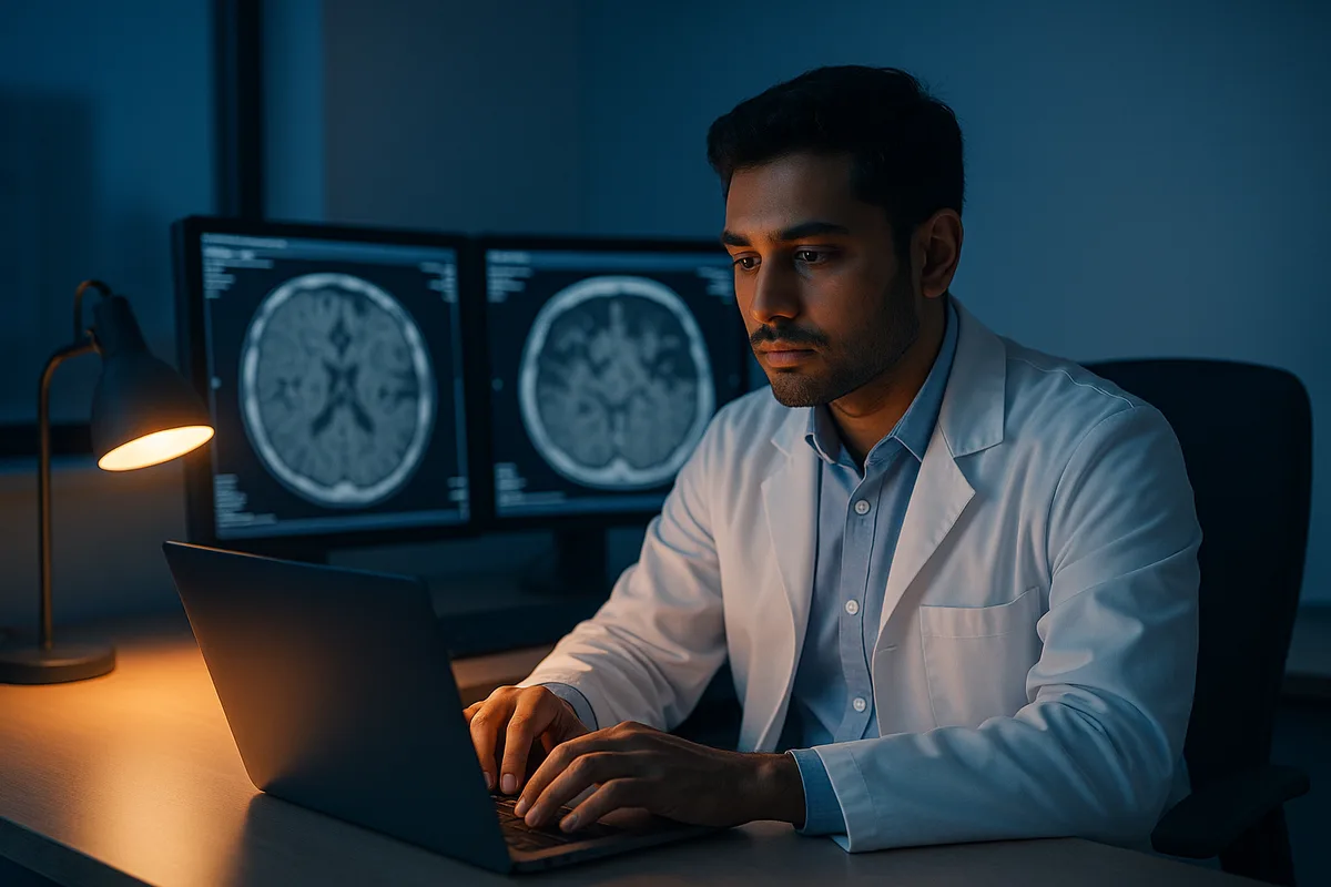 An international radiology trainee studying on a laptop beside a softly lit diagnostic reading workstation