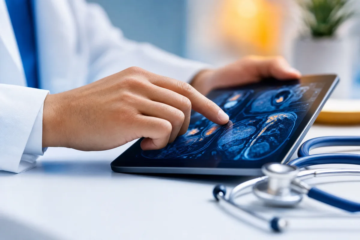 An international radiology trainee studying on a laptop beside a softly lit diagnostic reading workstation