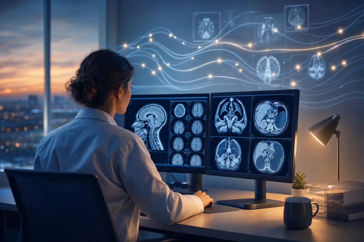 A radiology trainee reviewing scans on a monitor with soft glowing memory pathways illustrated in the background