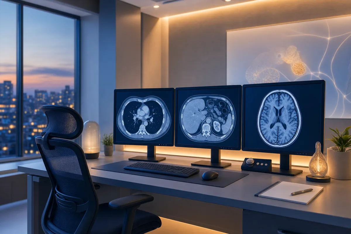 A radiology trainee studying at a desk with a tablet showing medical imaging and a glowing screen of practice questions