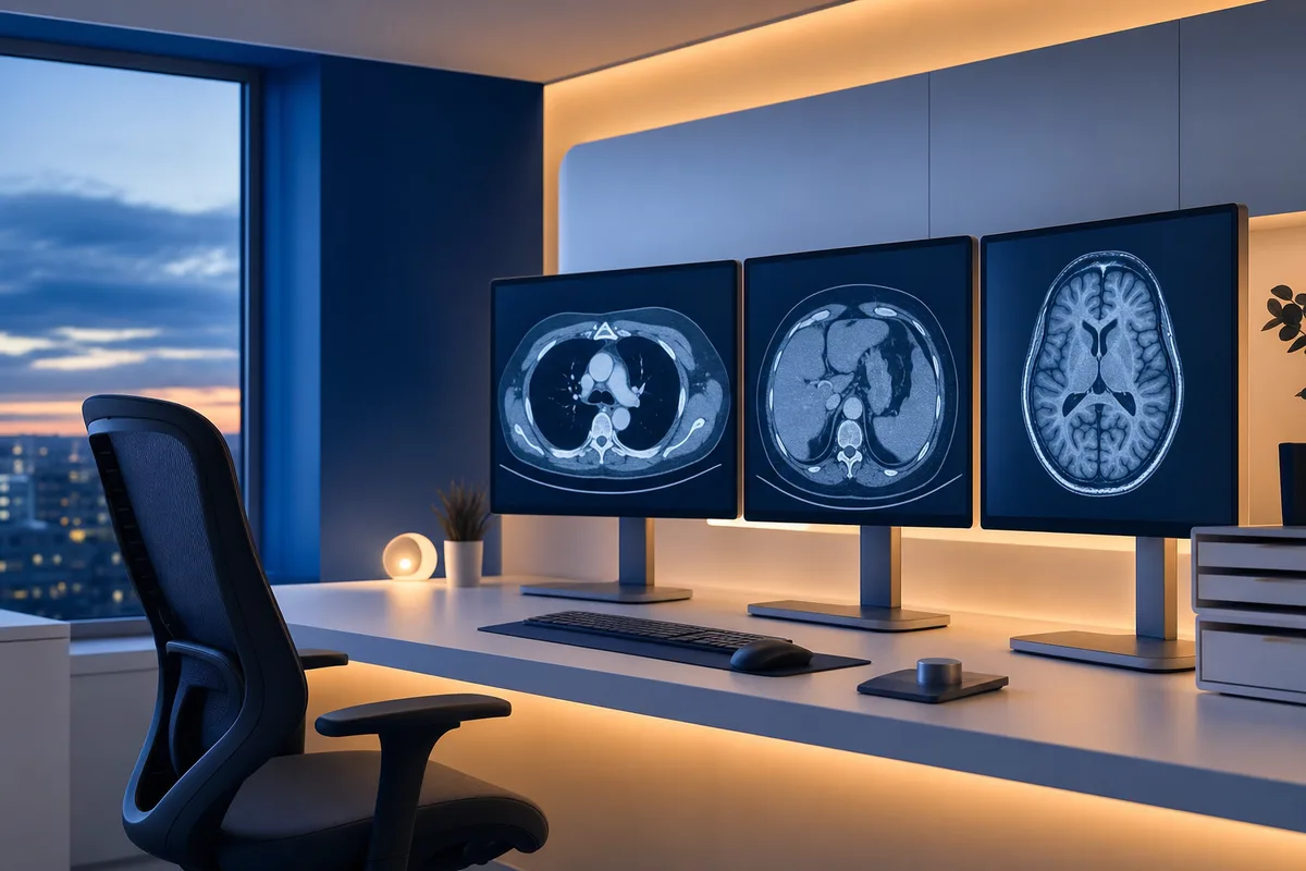 Six glowing radiology images arranged in a balanced ring around a central scale, in cool blue and teal tones