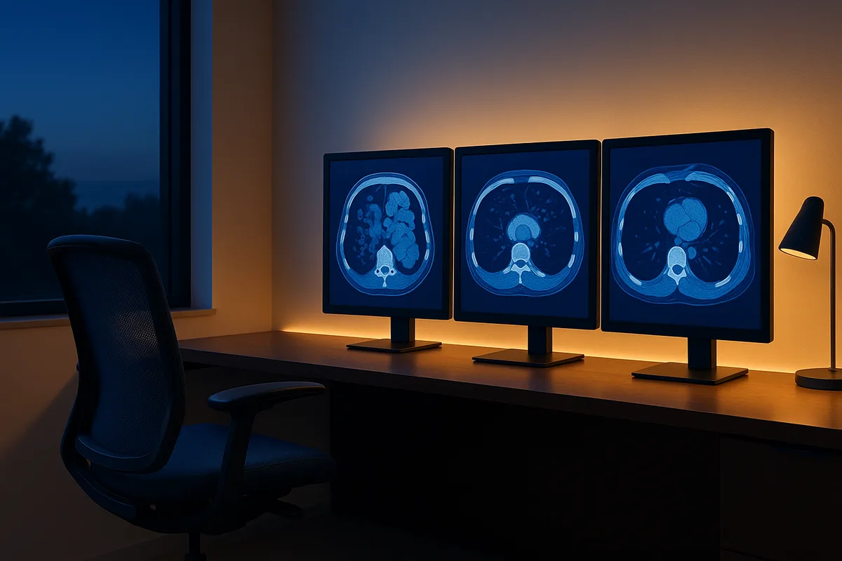 A calm radiology reading room with multiple monitors showing cross-sectional scans, ready for exam revision