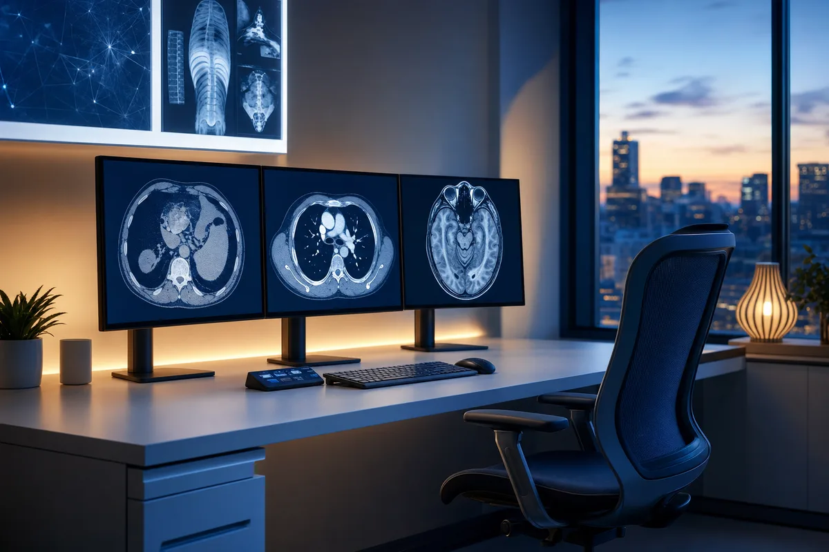 A calm radiology reading room with multiple monitors showing cross-sectional scans, ready for exam revision
