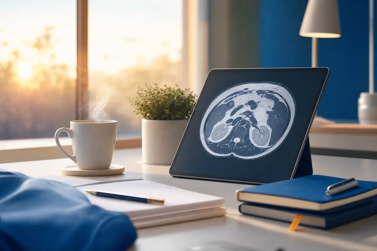 A calm, tidy study desk with a tablet showing radiology practice questions and soft morning light